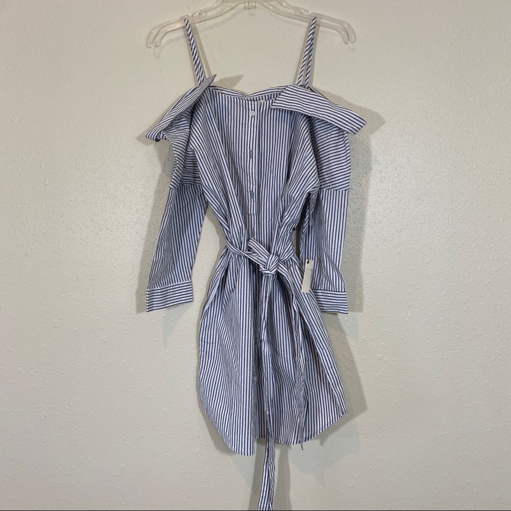 Sneak Peak Shirt Dress Railroad Mini Pinstriped Belted Cuff Sleeves Pocket Beach - Picture 7 of 13